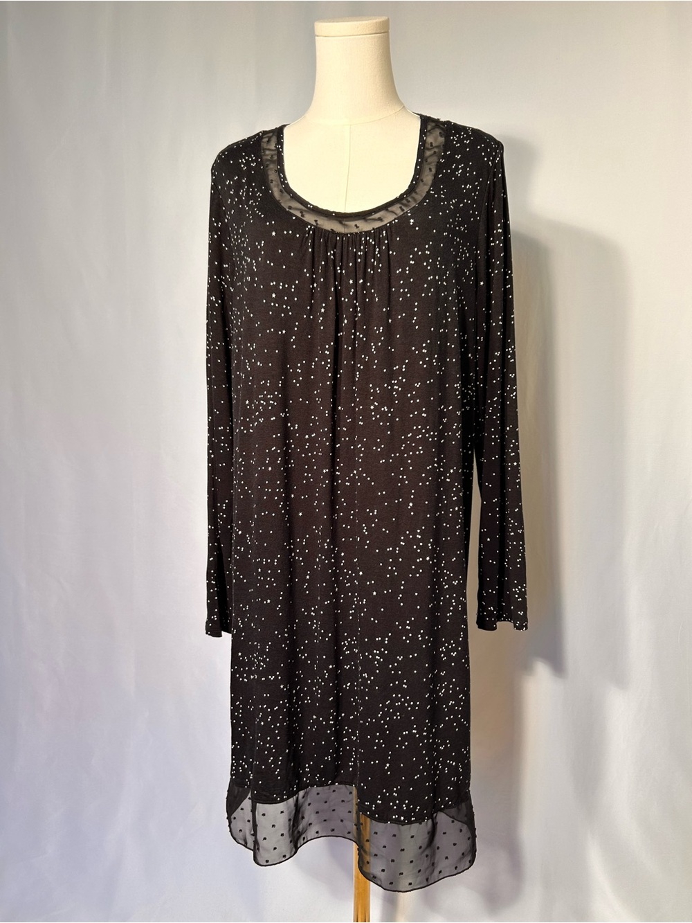 Ellen Tracy Black Long-Sleeve Polka Dot Stars Nightgown with Sheer Hem Soft Cozy